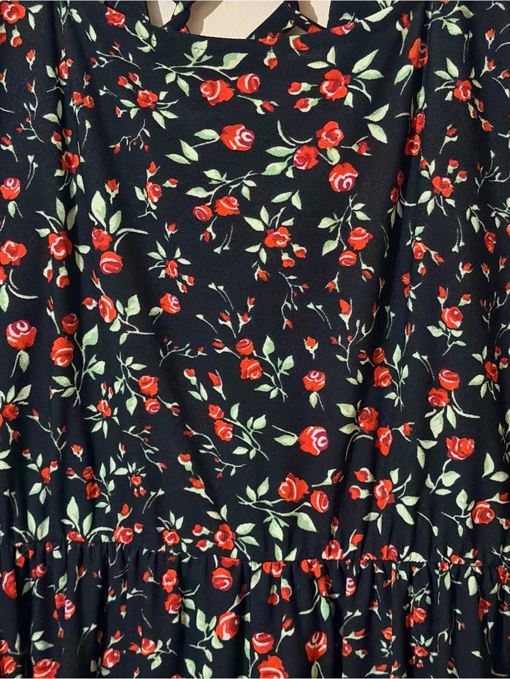 Black Floral Midi Dress with Crisscross Back, Elastic on waist. Size L - Picture 3 of 13